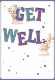 Bright, heartwarming, and filled with playful optimism, this get well card features two loveable friends-a plush teddy bear and an enthusiastic puppy-seemingly springing from the page to deliver a vibrant message of care. The characters joyfully hold and balance bold, oversized letters that spell 'Get Well', rendered in hues of deep indigo and lively teal. Each letter seems to pop against a soft cream background, their cheerful tones reminiscent of the fresh flower displays dotting Rathbone Market. Whimsically scattered stars in shades of blue and purple sparkle throughout, suggesting the sprinkle of possibility and gentle encouragement so needed during recovery. The bear's fur looks impossibly soft, while the puppy's floppy ears invite an imaginary touch, offering a tactile kind of comfort not unlike holding a bouquet prepared by Canning Town Flowers. Every illustrated detail-the animated faces, the radiant colours, the soothing energy-transforms this card into more than a simple well wish: it becomes an emotional companion, quietly delivering warmth, reassurance, and a touch of joy to someone healing within the close-knit East London community.